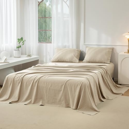 "JIYUAN King Washed Cotton Sheet Set, 4-Piece, Relaxed Linen Feel - Deep Pocket Fits Mattresses up to 17"". Flat Sheet & 2 Pillowcases. Naturally Soft & Breathable. Machine Washable."
