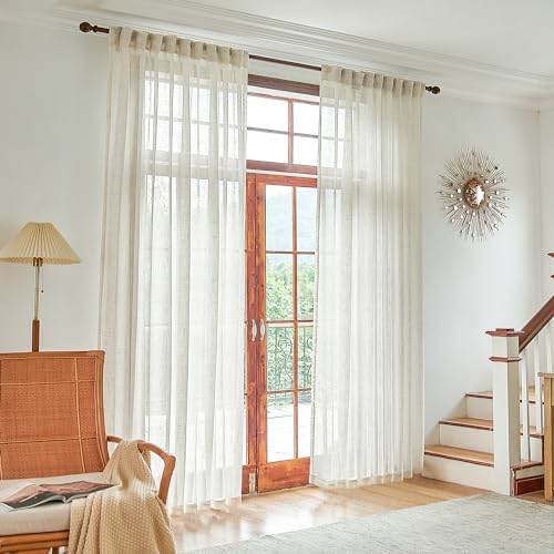 Natural Linen Beige Sheer Curtains 96 Inches Long for Living Room Farmhouse Rod Pocket Back Tab Light Filtering Soft Natural Linen Semi Privacy Sheer Window Drapes for Bedroom 8 FT Tall 60x96 2 Panels
