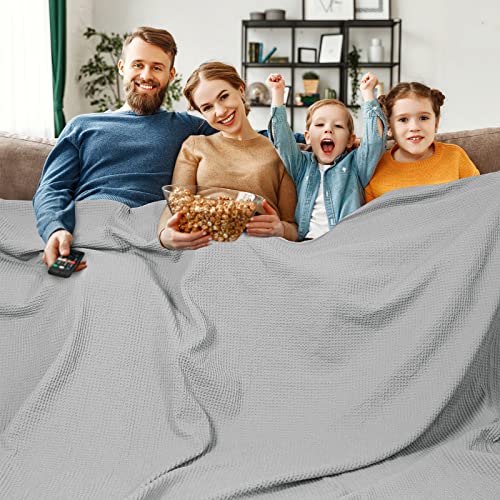 "PHF Pre-Washed Cotton Waffle Weave Family Blanket,Oversized King Size 120""x 120""-Snag Proof Lightweight Breathable, 10'x 10' Huge Extra Large Big-Elegant Aesthetic Home Decoration Gift, Light Grey"