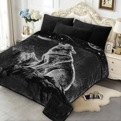 JYK Wolf Blanket, Soft Fleece Duvet Korean Style 2.6 kg, 520 GSM Warm Blanket, King Size, 210.8 x 230 cm, 2 Layers, Reversible, A&B Pattern, for Men, Adults, for