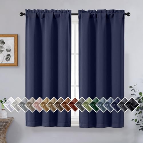OVZME Navy Blue Short Blackout Curtains for Bedroom 45 Inches Long 2 Panels Set, Solid Thermal Insulated Blackout Curtains, Energy Saving Soft Fabric Window Drapes, Dual Rod Pocket, 2x40Wx45L Inches