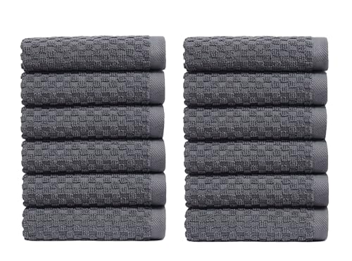 COTTON CRAFT Euro Spa Waffle Wash Cloth - Set of 12 Luxury Pure Ringspun Cotton Waffle Weave Bathroom Face Towel - Everyday Absorbent Hotel Gym Shower Beach Kitchen Travel Dorm - 12x12 inches - Grey