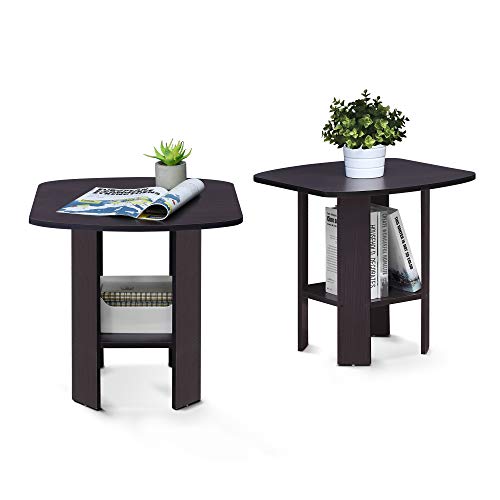 Furinno SIMPLE DESIGN Side Table Set of 2, 2-Tier End Table, Open Shelves Night Stand, Bedside Table, for Living Room, Bedroom, Dark Walnut