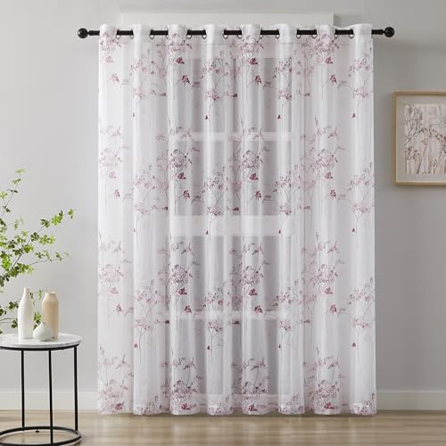 LinenZone 102x84 Patio Curtains with Pink Leaves. (Katia 102 x 84, Pink) - Sheer Printed Patio Door Curtains with Leaf Design. Farmhouse Curtains for Sliding Doors or Extra Large Windows.
