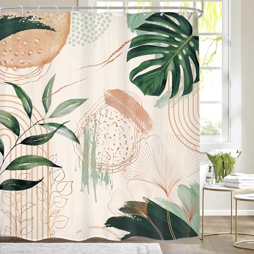 "Mitpok Boho Abstract Tropical Green Leaves Plan Bathroom Shower Curtain Set - Retro Vintage look 72""W x 78""L. waterproof HD print, quick-dry fabric and free hooks for easy setup."