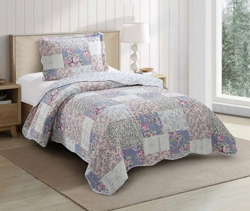 "Brilliant Sunshine Blue & Pink Roses Toile Patchwork Quilt, Twin Size - Reversible Bedspread, Soft Lightweight Coverlet with Sham, Washable Bedding Set, All Seasons, 68""x90"""