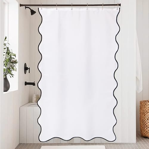 ORTIGIA White Shower Curtain with Black Scalloped Edge 36 W x 72 H Inch,Black and White Shower Curtains Cute Aesthetic Pretty Preppy Waterproof Fabric Bath Bathroom Decor with Metal Hook