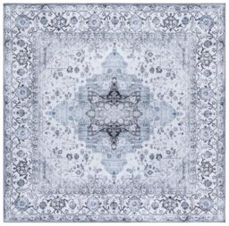 SAFAVIEH Traditional Rug Ideal for High Traffic Areas - Machine Washable and Non Slip - Arizona Collection, Short Pile, in Ivory and Blue, 122 X 122 cm