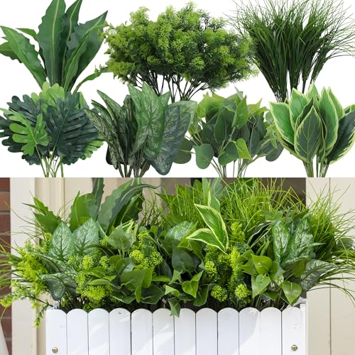 18PCS Artificial Plants Outdoor, Faux Flower Greenery Stems for Outside - UV Resistant Faux Outdoor plants, Fake Shrubs Plants for Patio Garden, Front Porch, Window Box, Spring Summer Home Decor