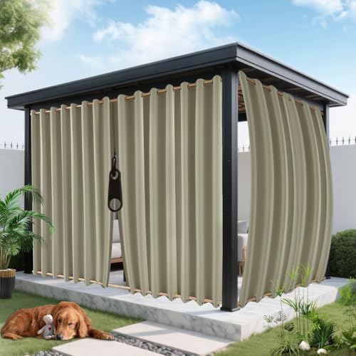 ROFASVCO Outdoor Curtains for Patio Waterproof, Zipper Design 2 Panels Privacy Weatherproof Blackout Curtain Top & Bottom Grommet Outside Drapes for Porch Gazebo Pergola (54 x 108 inch, Khaki)