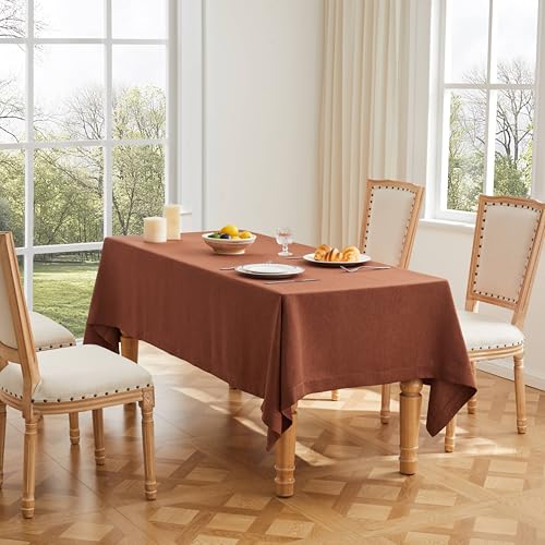 ZeeMart Linen Textured Rectangle Table Cloth, 60x104 Inch Terracota - Heavy Weight Fabric, Durable Thick, Mitered Corners, Modern Farmhouse Table Cloth, Wrinkle Resistant Washable Table Cover
