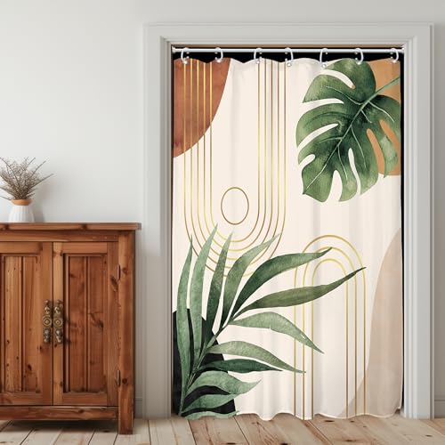 Boho Sage Green Shower Curtain Small Stall Narrow Mid Bathroom Curtain Set - Century Abstract Bohemian Botanical Palm Leaf Liner Arch 48Wx72L Bathroom Decor Waterproof Fabric with Free Hooks