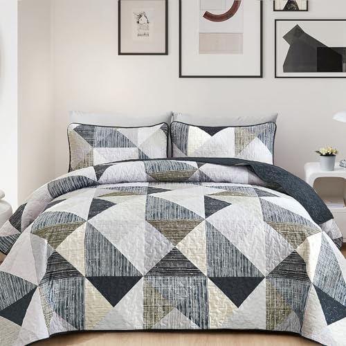 Dintszyayue Quilt Queen Size Grey Blue, 3 Pieces Patchwork Bedspread Bedding for Queen Size Bed, Soft Lightweight Microfiber Geometric Coverlet Set for All Season Quilt with 2 Pillowcases