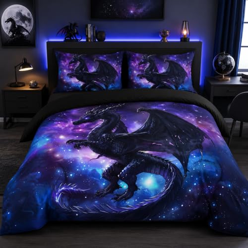 CCoutueChen Boys Twin Bedding Set - Kids Dragon Comforter - Purple Blue Outer Space Pattern, Fairy Tale Style Quilt Set for Children Teens