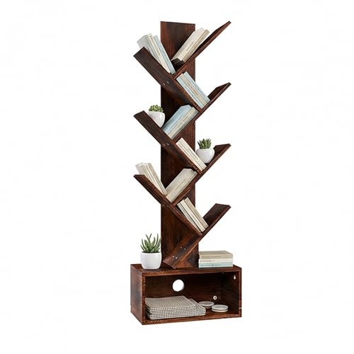 Relaxdays bookcase, 6 tiers, H x W x D: 113x38x20 cm, tree design, for books & CDs, living room, brown