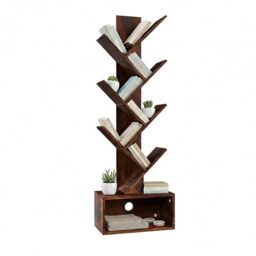 Relaxdays bookcase, 6 tiers, H x W x D: 113x38x20 cm, tree design, for books & CDs, living room, brown