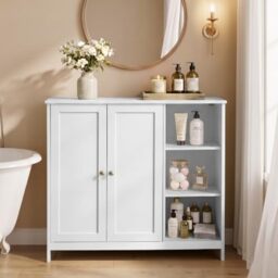 VASAGLE Bathroom Cabinet, Freestanding Floor Cabinet with Double Doors and Open Shelves, MDF Storage Cupboard, Adjustable Shelves, 90 x 30 x 80 cm, Cloud White, SIREN Collection BBK070WB01