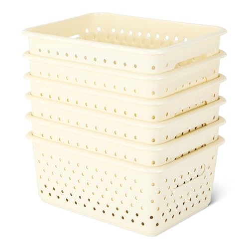 Amazon Basics Decorative BPA-Free Plastic Storage Baskets, 9.9 x 7.4 x 4.16, Ivory, Pack of 6