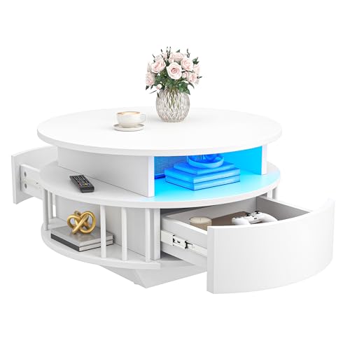 YITAHOME Modern Round Coffee Table with LED Lights, 70 cm Coffee Table with 2-Tier Storage Space and 2 Storage Drawers, Fluted Coffee Tables with and Shelves, Accent Table for Living Room, White