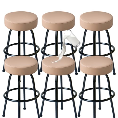 FUANGUI Bar Stool Covers Round Set of 6, Waterproof PU Bar Stool Seat Covers,Bar Stool Chair Covers Washable Stool Cushion Slipcover for 16-18 Inch - Khaki