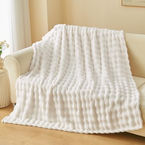 "NEWCOSPLAY Throw Blanket for Couch Ivory Super Soft Flannel Fleece 3D Bubble Lightweight Bed Blanket All Season Use (Ivory, Throw(50""x60""))"