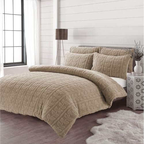 Kampala Hill Leaves Teddy Beige Duvet Cover Set With Pillowcases Super King Bedding Set