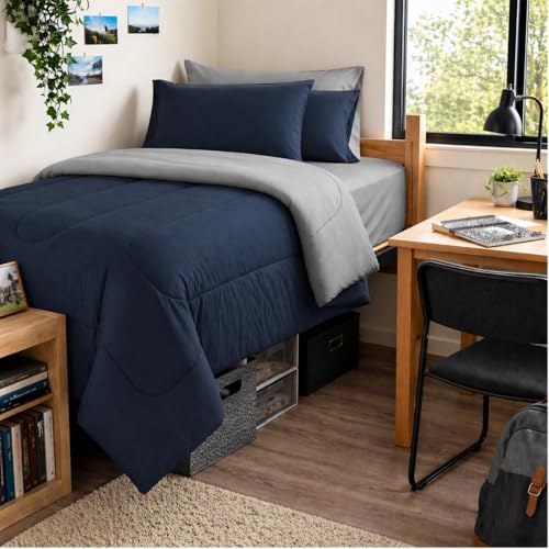 Maple&Stone Twin XL Comforter Set 5 Pieces Bed in a Bag Navy & Grey - Two-tone Design, Extra Long Down Alternative Comforter Set with Sheets, Pillowcases & Shams