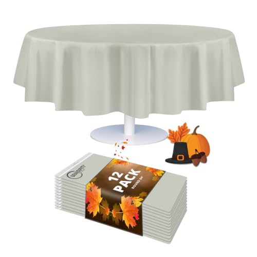 Plastic Table Cloth Disposable 12 Pack 84 in Round Table Cloths Light Grey - Plastic table covers, durable disposable tablecloths, fade and tear-resistent table cover for party, event