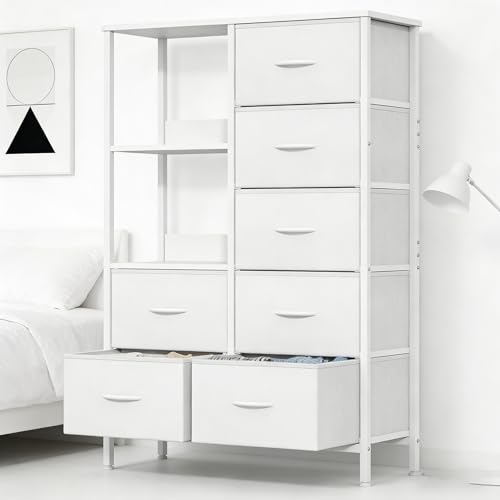 Feonase Chest of Drawers, 7 Fabric Drawers Cabinet with Open Shelves, Wood Top and Sturdy Steel Frame for Bedroom, Living Room(White)