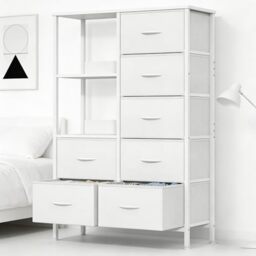 Feonase Chest of Drawers, 7 Fabric Drawers Cabinet with Open Shelves, Wood Top and Sturdy Steel Frame for Bedroom, Living Room(White)