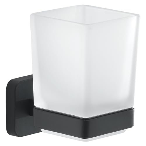 Gedy Tonga Toothbrush Holder, Wall Toothbrush Holder, Matte Black, Stainless Steel and Glass, 6.4 x 9.7 x 10.5 cm