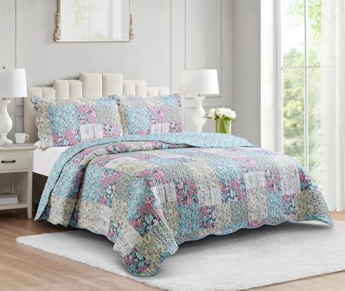 "Brilliant Sunshine Lilac Roses & Egg Blue Floral Toile Quilt, King Size - Soft Reversible Bedspread, Lightweight Coverlet with Shams, Washable Bedding Set, All Seasons, 108""x90""+2 20""x36"""