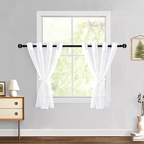 Hiasan White Sheer Curtains for Bedroom with Tiebacks, Grommet Top Light Filtering Voile Drapes Airy Breathable Window Curtains for Living Room, Kitchen, W52 x L36, Set of 2 Soft Panels