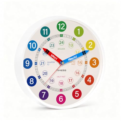 TIMESS 10 Inch Wall Clock,Non-Ticking Silent Battery Operated Analog, Learning to Tell Time Clock,Ideal Modern Home, Bedroom, Kitchen, Office D??cor(White)