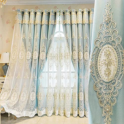 Amidoudou 1 Pair European Double Layer Curtains with Valances for Living Room Bedroom Luxury 3D Flower Embroidered Curtains (Blue,52x102 Inch)