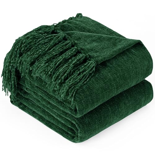 "GINAMUSE Chenille Throw Blanket for Couch - Soft Knit Blankets 50""X60"" - Cozy Warm Lightweight Boho Decorative Knitted Blankets with Tassels for Bed and Sofa,Dark Green"