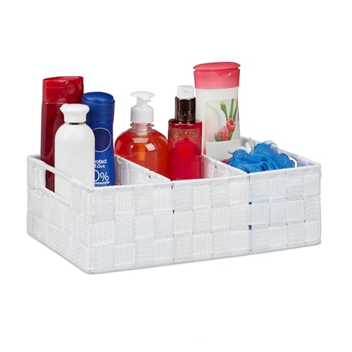 Relaxdays Storage Basket with Compartments, Bathroom Cosmetics Bin, Box, Handles, HWD: 10x32x21 cm, White