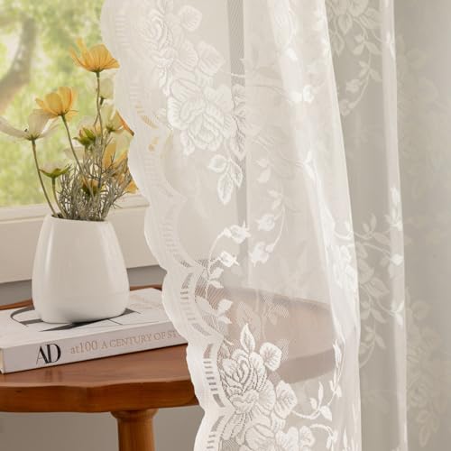 YJ YANJUN Ivory Lace Curtains 90 inches Long Rerto Peony Floral Curtains for Living Room Bedroom Office Den Light Filtering Farmhou Sheer Voile Panels W52 X L90 Off White