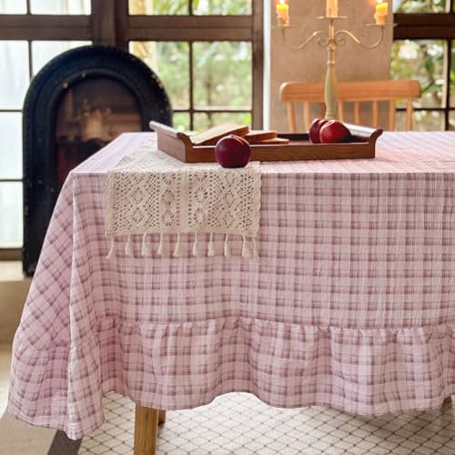 "NSNLGSGC Pink Plaid Gingham Ruffled Tablecloth Square 58""x58"", Washed Cotton Blended Checkered Table Cover for Dining Room or Kitchen"