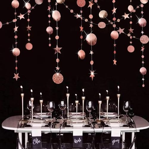 Rose Gold Circle Dot Garland Streamer Kit for Twinkle Star Party Decoration Glitter Reflective Paper Hanging Bunting Banner Backdrop Background for Wedding/Baby Shower/Christmas/Birthday/Prom/Wedding