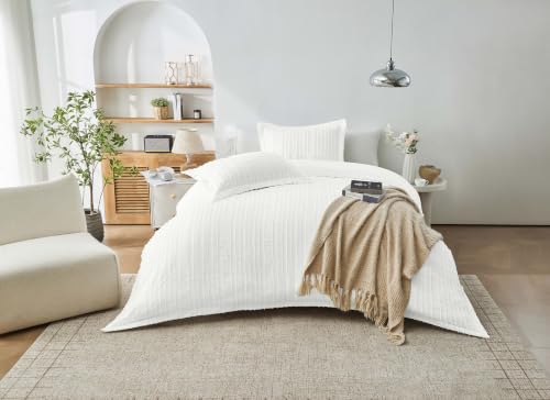 GC GAVENO CAVAILIA Striped King Size Duvet Cover Sets Pillow Cases, White - Breathable, Soft Thick, Reversible Plain King Size Bedding Sets - Washable Tufted Quilt Cover Button Closure, 230x220cm