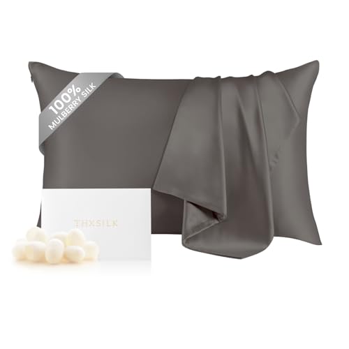 "THXSILK 100% Mulberry Silk Pillowcase for Hair and Skin, Both Sides Grade 6A+ Pure Natural Silk Pillowcase, Soft Breathable Zipper Pillow Case Queen Size 20""x30"", Dark Grey"