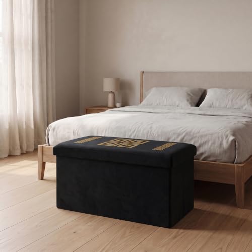 GC GAVENO CAVAILIA Greek Ottoman Storage Box Large With Lids, Black - Stylish, Comfortable Fabric Storage Ottoman With Hidden Storage - Seat Footstools For Living Room, Bedroom Hallway,76x38x38cm