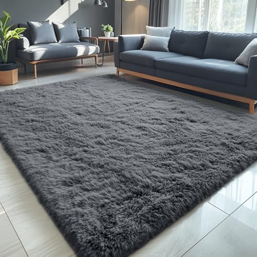 OLANLY Large Rugs for Living Room Bedroom Soft Fluffy Long Pile Bedside Indoor Floor Carpet for Kids Girls Boys Dorms Children's Room Aesthetic Decoration Grey