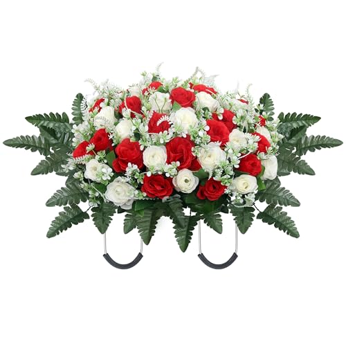 LOSFOTBO Headstone Flower Saddle,Large Artificial Cemetery Flowers for Grave,Cemetery Memorial Flowers for Outdoor Tombstone Decorations (Red White)