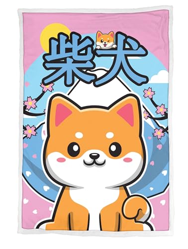 Homadict Sherpa Blanket Shiba Inu – Kawai – 100 x 150 cm – Officially Licensed, White