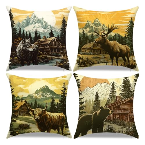 Rustic Cabin Animal Room Decor Throw Pillow Covers,Set of 4 Western Farmhouse Home Decorative Couch Throw Pillows,18x18 Inch Aesthetic Room Soft Cushion Cover for Sofa Chair Living Room Bedroom Gift