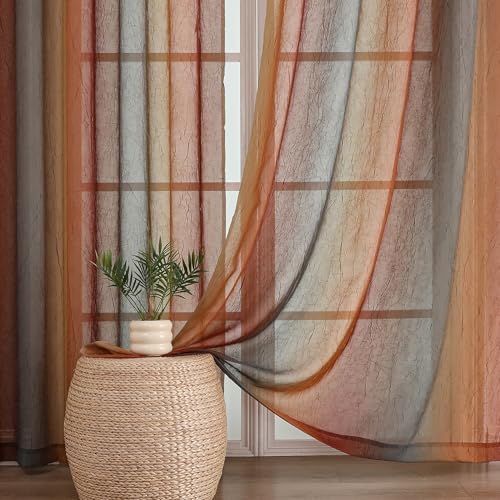"OWENIE Ombre Sheer Curtains for Bedroom Living Room 108 Inches Long 2 Panels - Gradient Light Filtering Crinkle Crushed Semi Sheer Printed Window Curtain Panels, (50"" W x 108"" L, Orange/Green)"