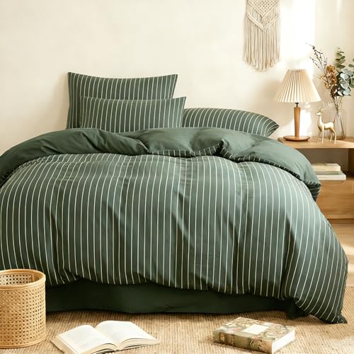 Erwinmu Striped Comforter Set King Size - 3 Pieces Green White Striped Comforter Bedding Sets Checkered Pattern,Kingsize Bed in a Bag with Stripes Comforter and 2 Pillowcases
