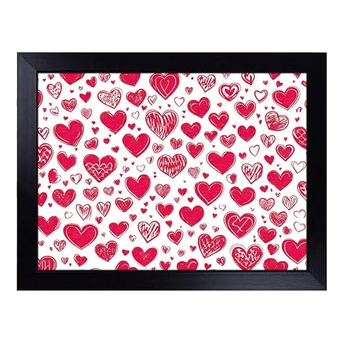 Lap Tray with Bean Bag Cushion, Love Heart Pattern - Handmade in the UK, Raised Wooden Edge, Padded Cushion, Heat-Resistant Wipe-Clean Surface, for Meals, Laptops and Crafts